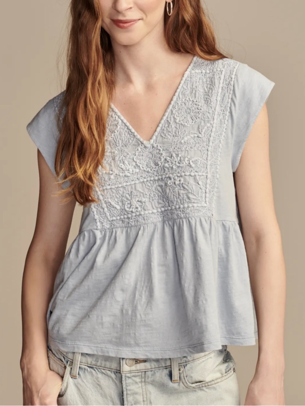 Lucky Brand Light Blue Embroidered V-Neck Baby Doll Top